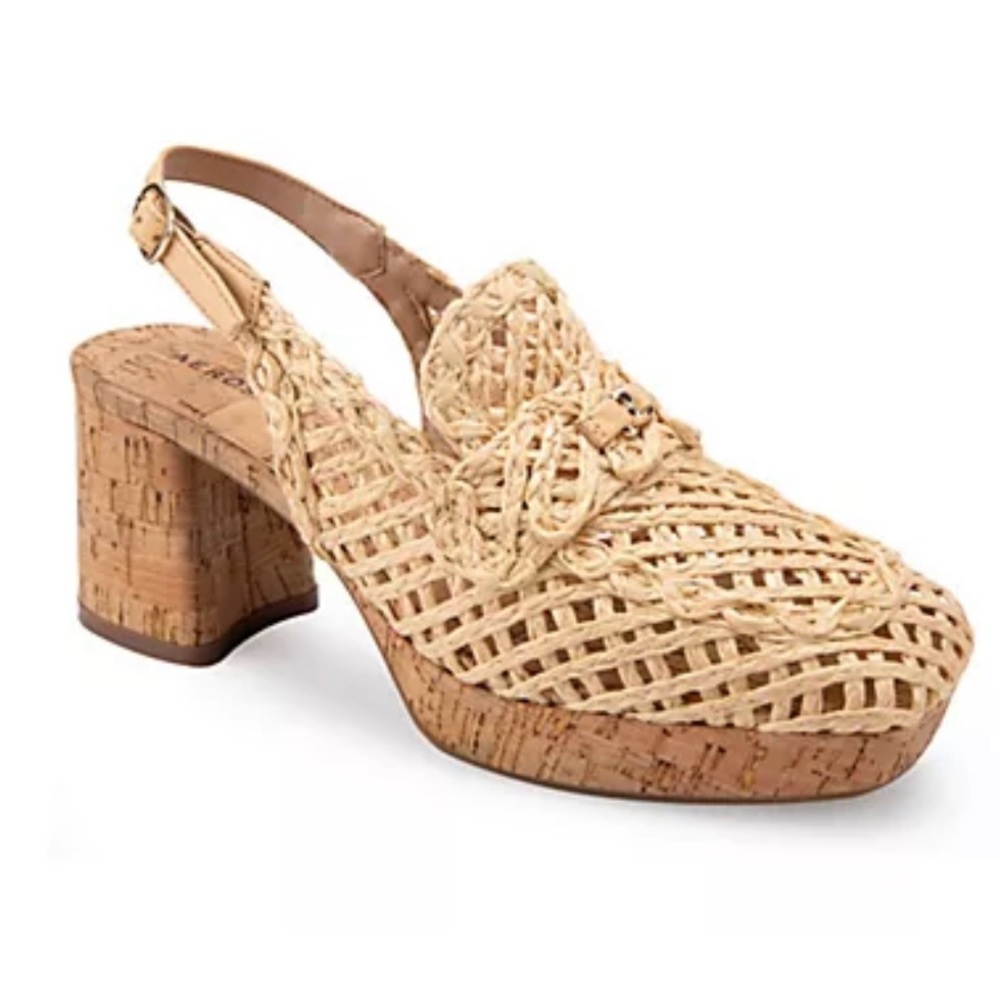 Aerosoles Natural Raffia Woven Block Cork Heel Platform Sandals like New Sz  9.5